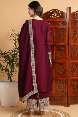 Wine Silk Blend Embroidered Straight Shape Suit Set with Dupatta