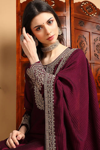 Wine Silk Blend Embroidered Straight Shape Suit Set with Dupatta