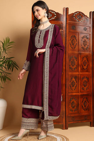 Wine Silk Blend Embroidered Straight Shape Suit Set with Dupatta