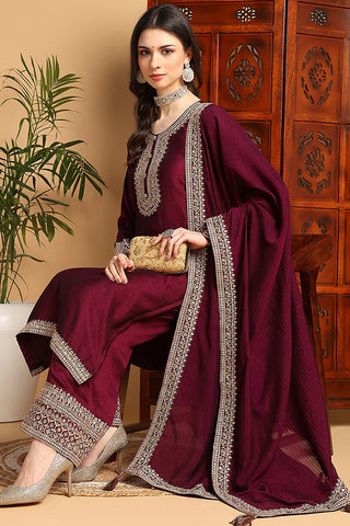 Wine Silk Blend Embroidered Straight Shape Suit Set with Dupatta