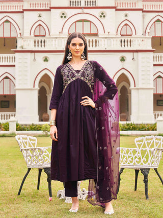 Wine Cotton Blend Thread Embroidered A Line Alia Cut Suit Set with Net Dupatta