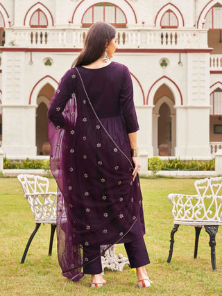 Wine Cotton Blend Thread Embroidered A Line Alia Cut Suit Set with Net Dupatta