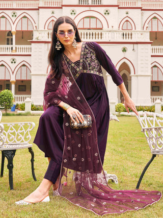 Wine Cotton Blend Thread Embroidered A Line Alia Cut Suit Set with Net Dupatta