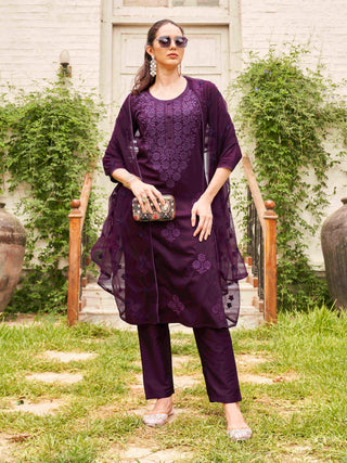 Wine Silk Blend Tonal Thread Embroidered Straight Shape Suit Set with Net Dupatta