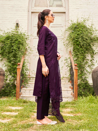 Wine Silk Blend Tonal Thread Embroidered Straight Shape Suit Set with Net Dupatta