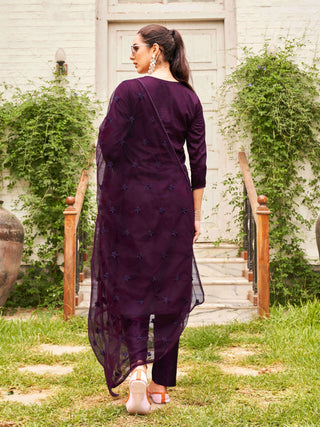 Wine Silk Blend Tonal Thread Embroidered Straight Shape Suit Set with Net Dupatta