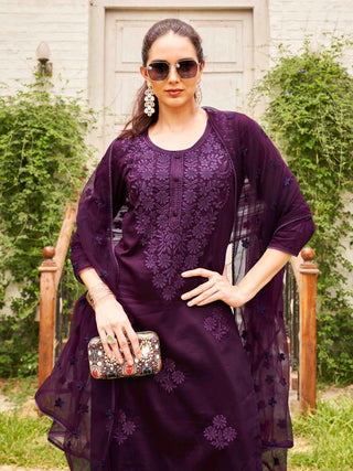 Wine Silk Blend Tonal Thread Embroidered Straight Shape Suit Set with Net Dupatta