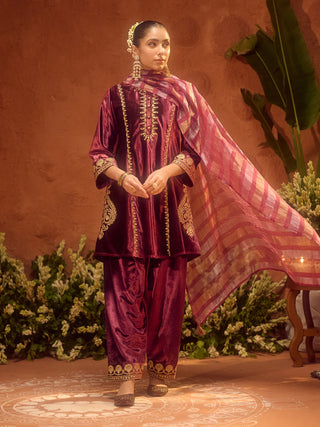 Wine Velvet Embroidered Suit Set with Dupatta