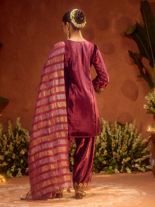 Wine Velvet Embroidered Suit Set with Dupatta