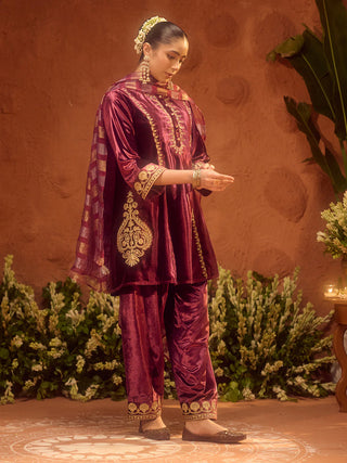 Wine Velvet Embroidered Suit Set with Dupatta