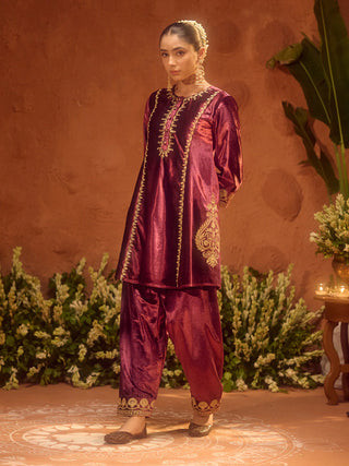 Wine Velvet Embroidered Suit Set with Dupatta