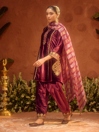 Wine Velvet Embroidered Suit Set with Dupatta