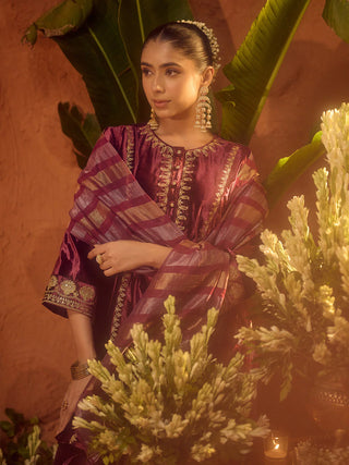 Wine Velvet Embroidered Suit Set with Dupatta