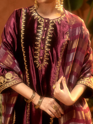 Wine Velvet Embroidered Suit Set with Dupatta