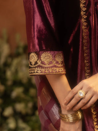 Wine Velvet Embroidered Suit Set with Dupatta
