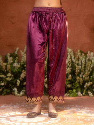 Wine Velvet Embroidered Suit Set with Dupatta