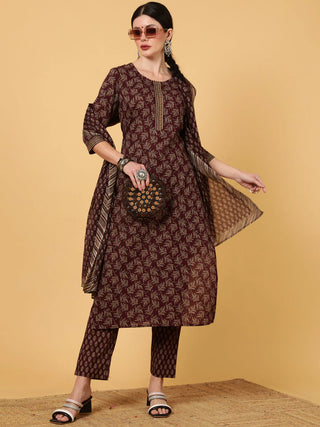 Wine Viscose Rayon Printed Suit Set with Dupatta