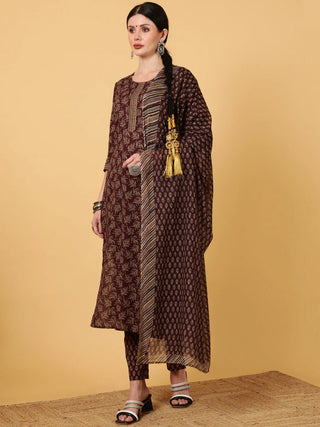 Wine Viscose Rayon Printed Suit Set with Dupatta