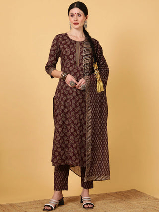 Wine Viscose Rayon Printed Suit Set with Dupatta
