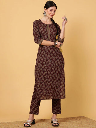 Wine Viscose Rayon Printed Suit Set with Dupatta