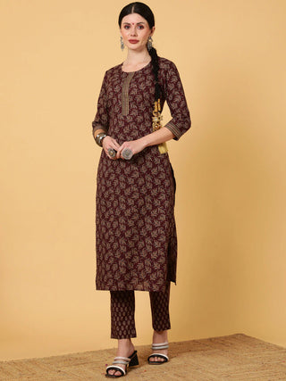 Wine Viscose Rayon Printed Suit Set with Dupatta