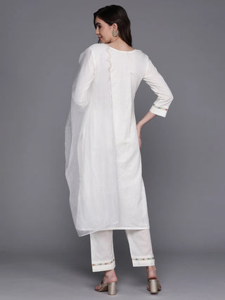 White Cotton Embroidered Suit Set with Organza Dupatta