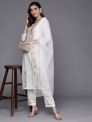 White Cotton Embroidered Suit Set with Organza Dupatta