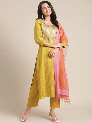 Yellow Embroidered Kurta Suit Set with Dupatta
