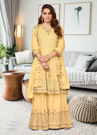 Yellow Embroidered Chinnon Palazzo Suit Set