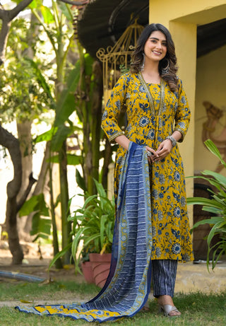 Yellow & Blue Viscose Printed Straight Cut Kurta Pant Set with Chanderi Cotton Dupatta