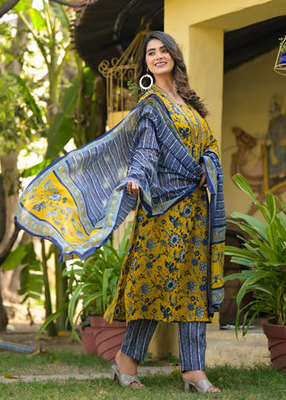 Yellow & Blue Viscose Printed Straight Cut Kurta Pant Set with Chanderi Cotton Dupatta