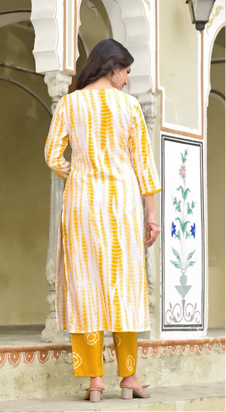 Yellow & White Viscose Tie Dye & Printed Straight Cut Kurta Pant Set with Chanderi Cotton Dupatta