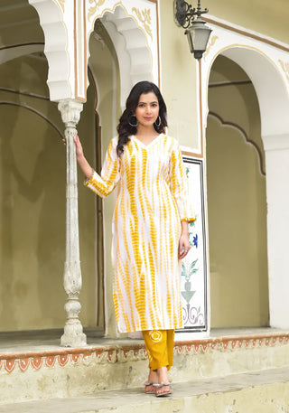 Yellow & White Viscose Tie Dye & Printed Straight Cut Kurta Pant Set with Chanderi Cotton Dupatta