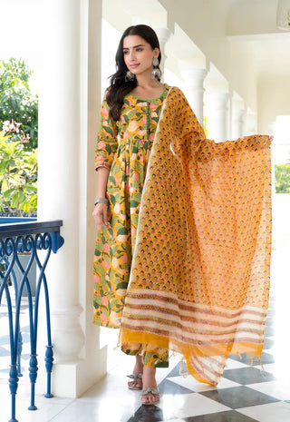 Yellow Viscose Floral Print Anarkali Suit Set with Chanderi Cotton Dupatta