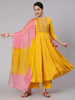 Yellow & Pink Viscose Rayon Embroidered A-Line Suit Set with Dupatta