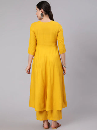 Yellow & Pink Viscose Rayon Embroidered A-Line Suit Set with Dupatta