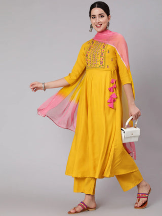 Yellow & Pink Viscose Rayon Embroidered A-Line Suit Set with Dupatta
