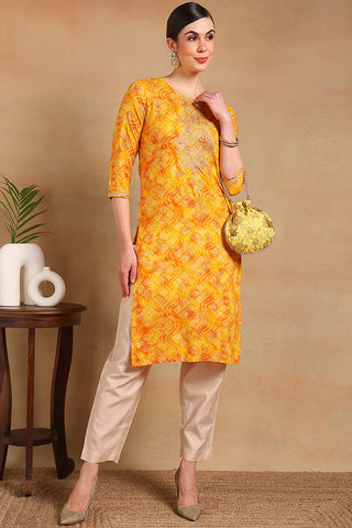 Yellow Viscose Rayon Bandhani Print & Embroidered Straight Cut Kurta