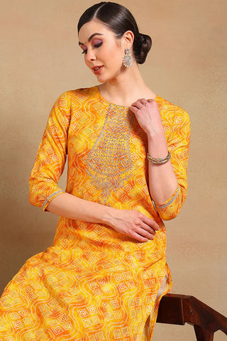 Yellow Viscose Rayon Bandhani Print & Embroidered Straight Cut Kurta