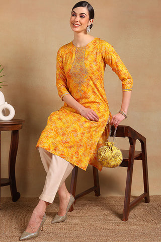 Yellow Viscose Rayon Bandhani Print & Embroidered Straight Cut Kurta