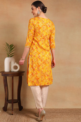 Yellow Viscose Rayon Bandhani Print & Embroidered Straight Cut Kurta