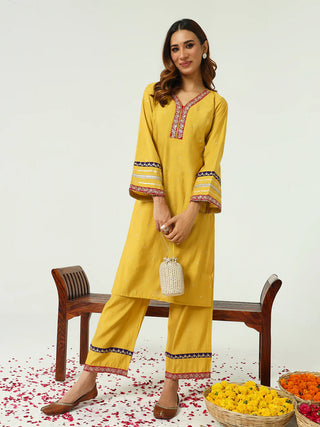 Yellow Chanderi Embroidered Kurta Palazzo Set