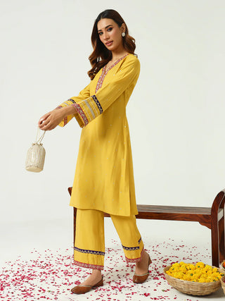 Yellow Chanderi Embroidered Kurta Palazzo Set