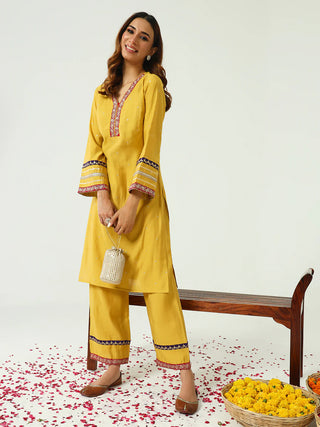 Yellow Chanderi Embroidered Kurta Palazzo Set