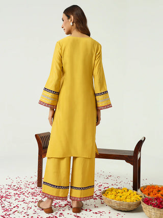 Yellow Chanderi Embroidered Kurta Palazzo Set