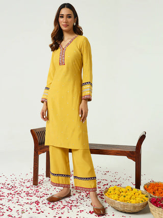 Yellow Chanderi Embroidered Kurta Palazzo Set