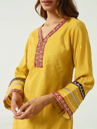 Yellow Chanderi Embroidered Kurta Palazzo Set