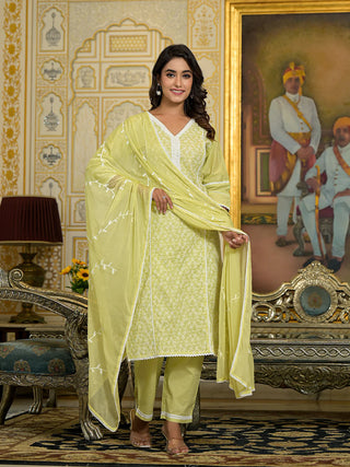 Lime Green Cotton Blend Chikankari Suit Set with Silk Chiffon Dupatta