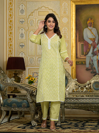 Lime Green Cotton Blend Chikankari Suit Set with Silk Chiffon Dupatta