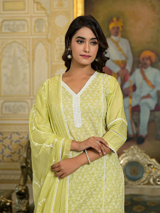 Lime Green Cotton Blend Chikankari Suit Set with Silk Chiffon Dupatta